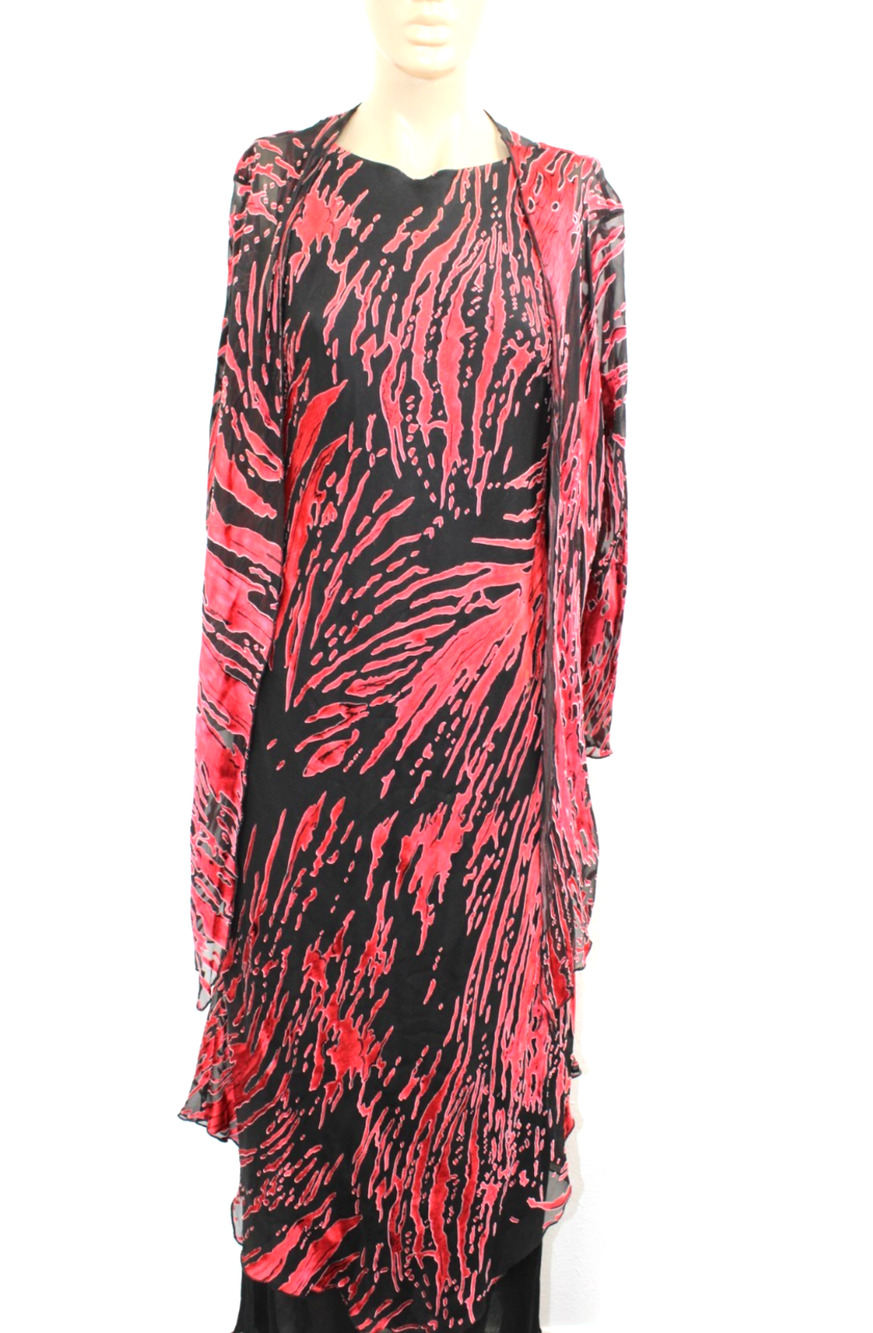 Simply Silk Size S Red Watercolor Dress Sleeveless Jacket Duster Set Metallic